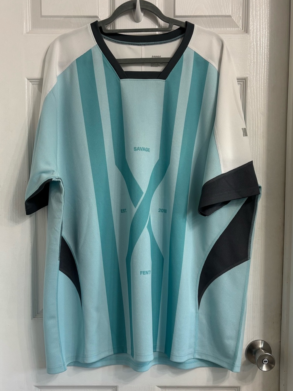 Savage X Fenty Men's Teal and White Athletic Soccer Inspired Jersey XXL